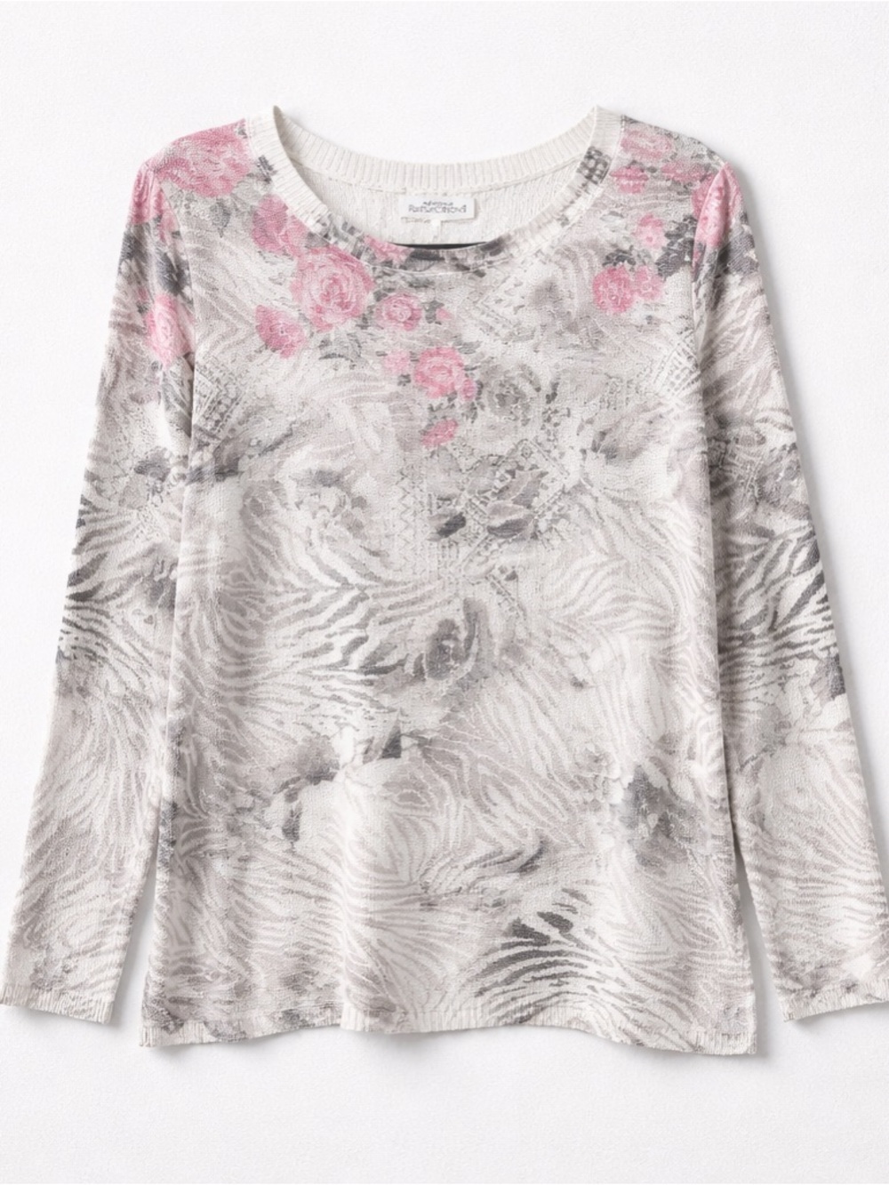 Cottegecore Northern Reflections Cream Top with Pink Rose & Gray Accents
